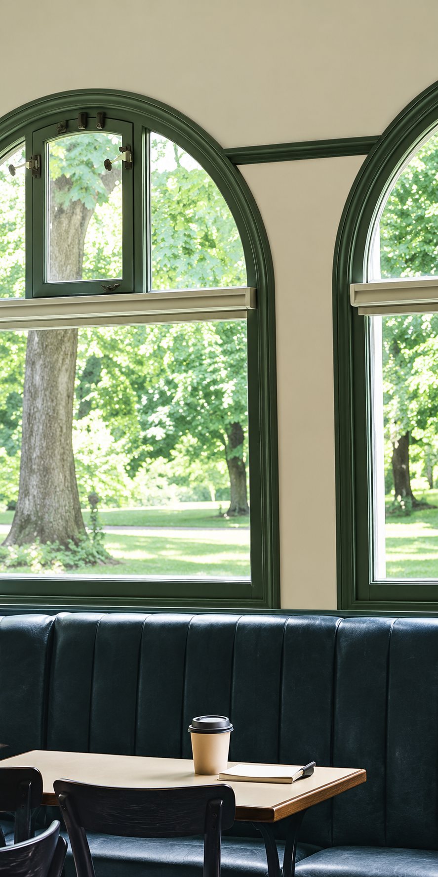 Intérieur d'un café avec une banquette sombre, une petite table en bois et de grandes fenêtres cintrées donnant sur des arbres.