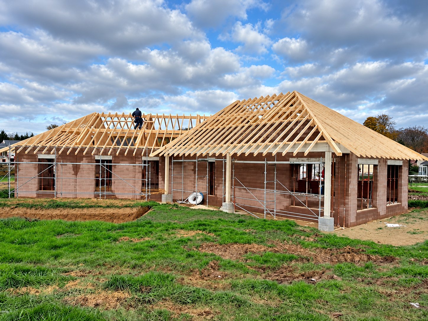Une maison de plain-pied en cours de construction, dont la charpente en bois est posée sur des murs en briques entourés d'échafaudages, avec un ouvrier sur le toit.