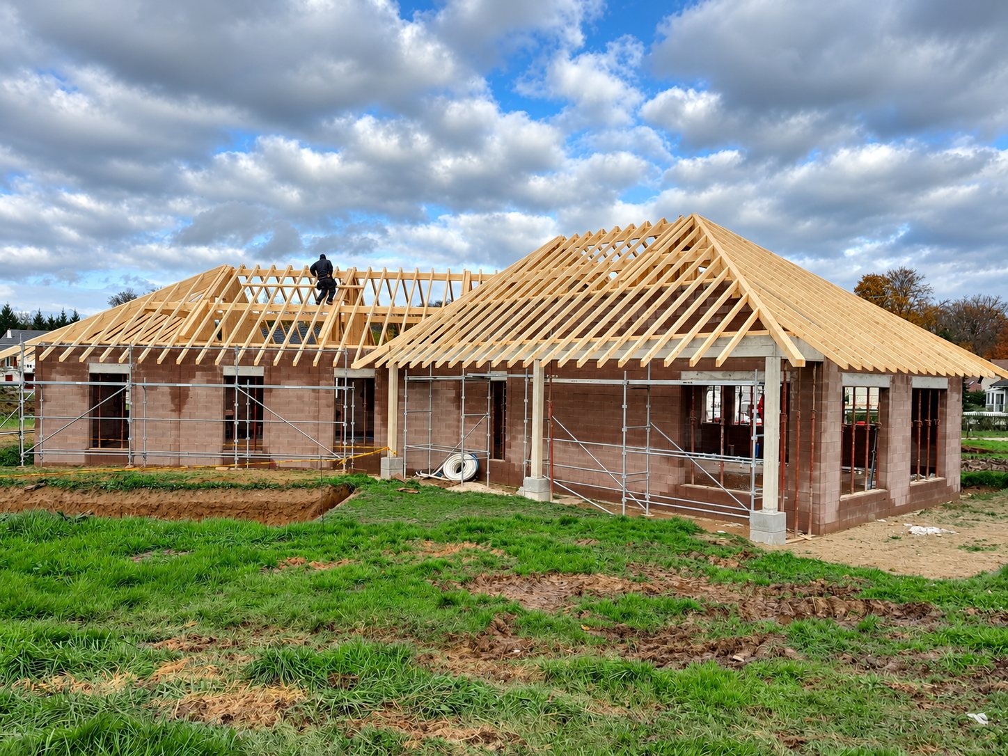 Charpente traditionnelle en bois posée sur une maison de plain-pied en briques en construction, entourée d'échafaudages, avec un ouvrier sur le toit.