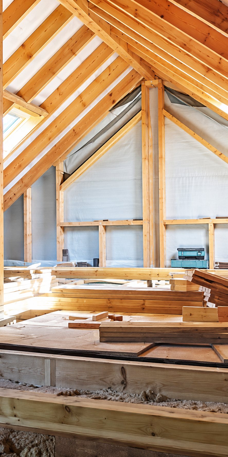 Vue intérieure d'une charpente en bois claire sous toiture, dans une maison en cours de construction avec planches empilées au premier plan.