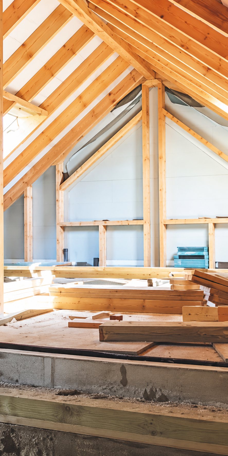 Vue intérieure d'un chantier montrant une charpente en bois claire sous un toit en cours de construction, avec des planches empilées au premier plan.