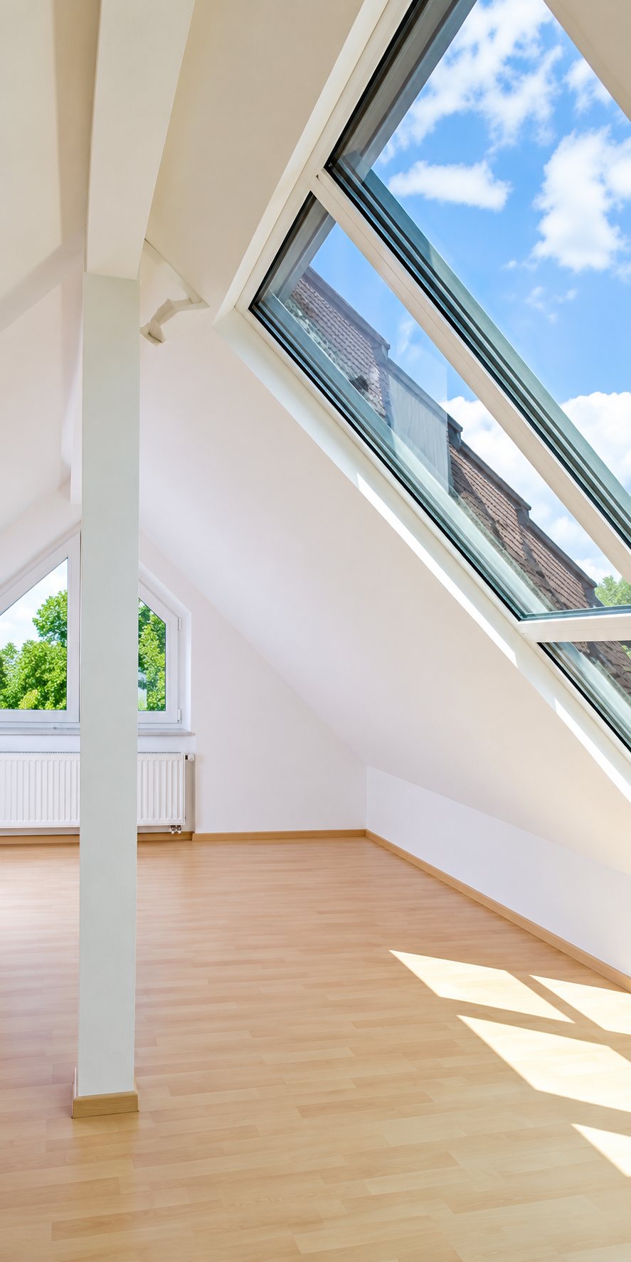 Pièce sous les combles rénovée avec de grandes fenêtres de toit inclinées, un poteau blanc et un parquet clair baigné de lumière.