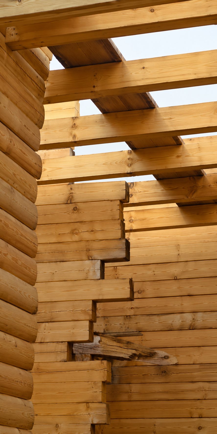 Vue rapprochée d'un angle de construction en rondins de bois massif avec des poutres apparentes au sommet, sous un ciel clair.