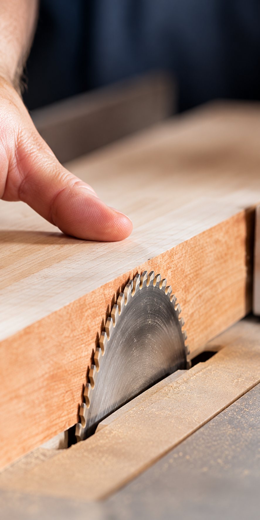 Gros plan d'une main qui pousse une planche de bois sur une table de sciage équipée d'une lame circulaire.