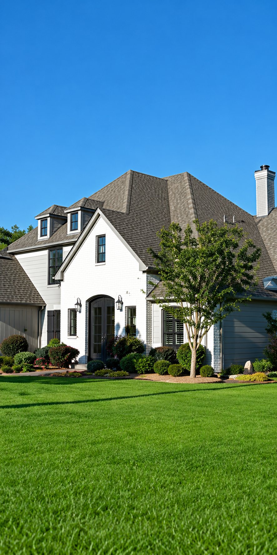 Une grande maison en brique blanche au toit gris en pente, entourée d'une pelouse verte et d'arbres sous un ciel bleu.