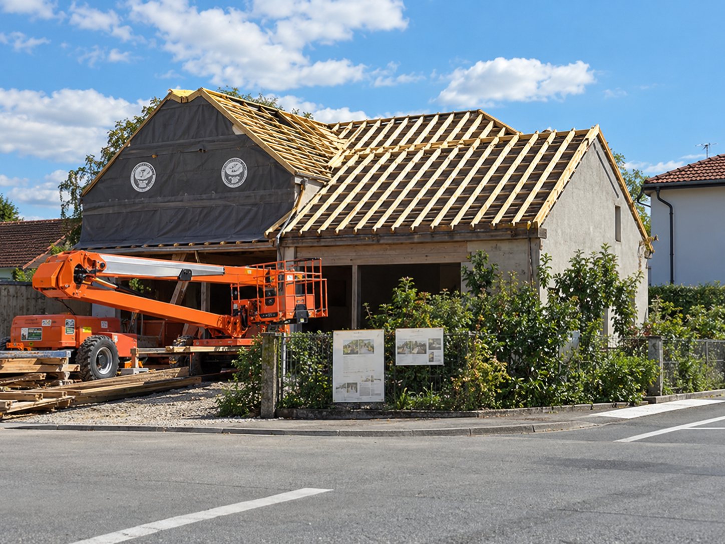 Une maison de plain-pied dont la toiture est en cours de réfection, avec un engin orange et des panneaux de chantier au premier plan.
