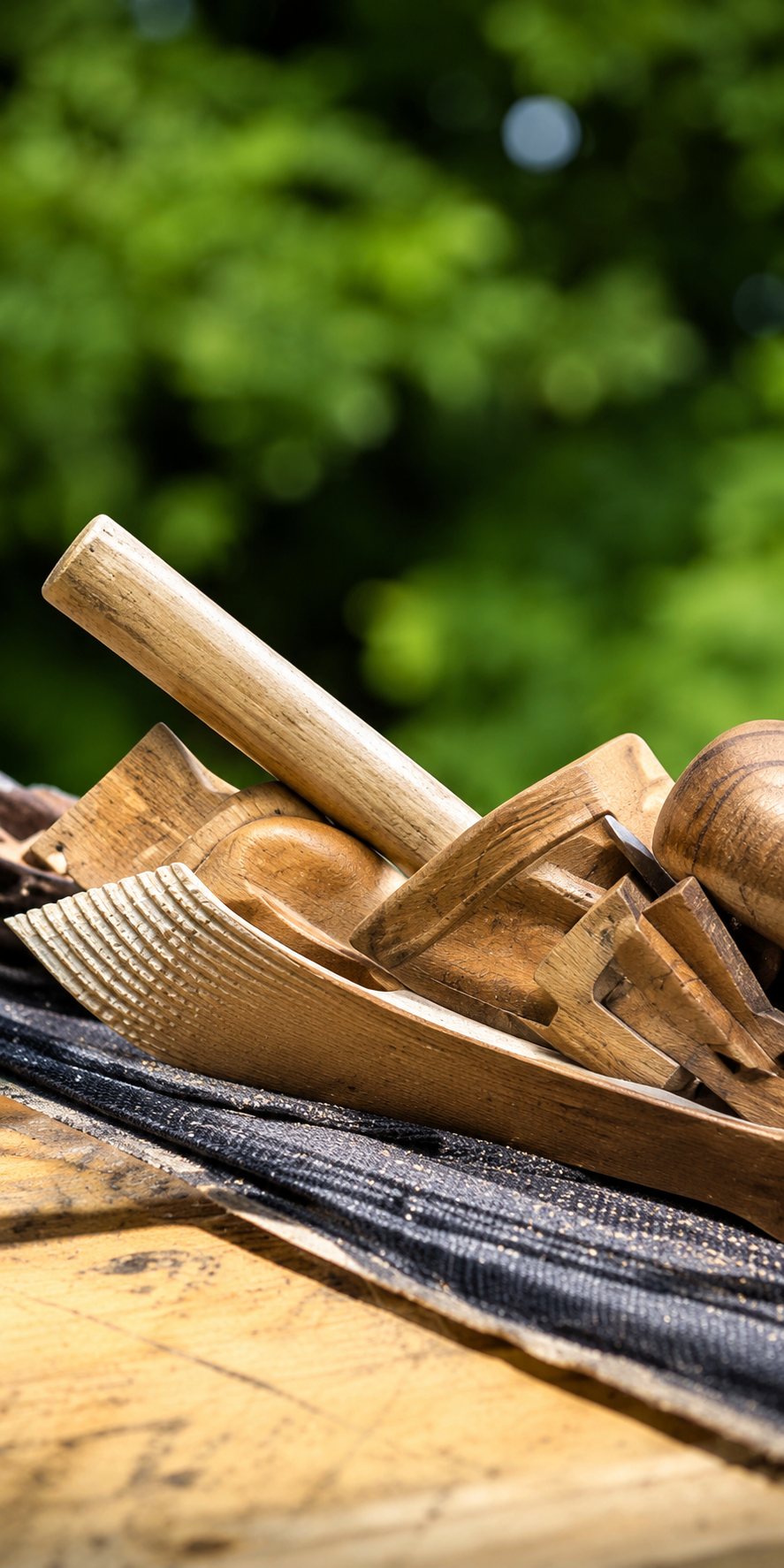Gros plan sur des outils en bois de menuisier, dont un maillet et des gabarits, posés sur une planche avec un feuillage flou en arrière-plan.