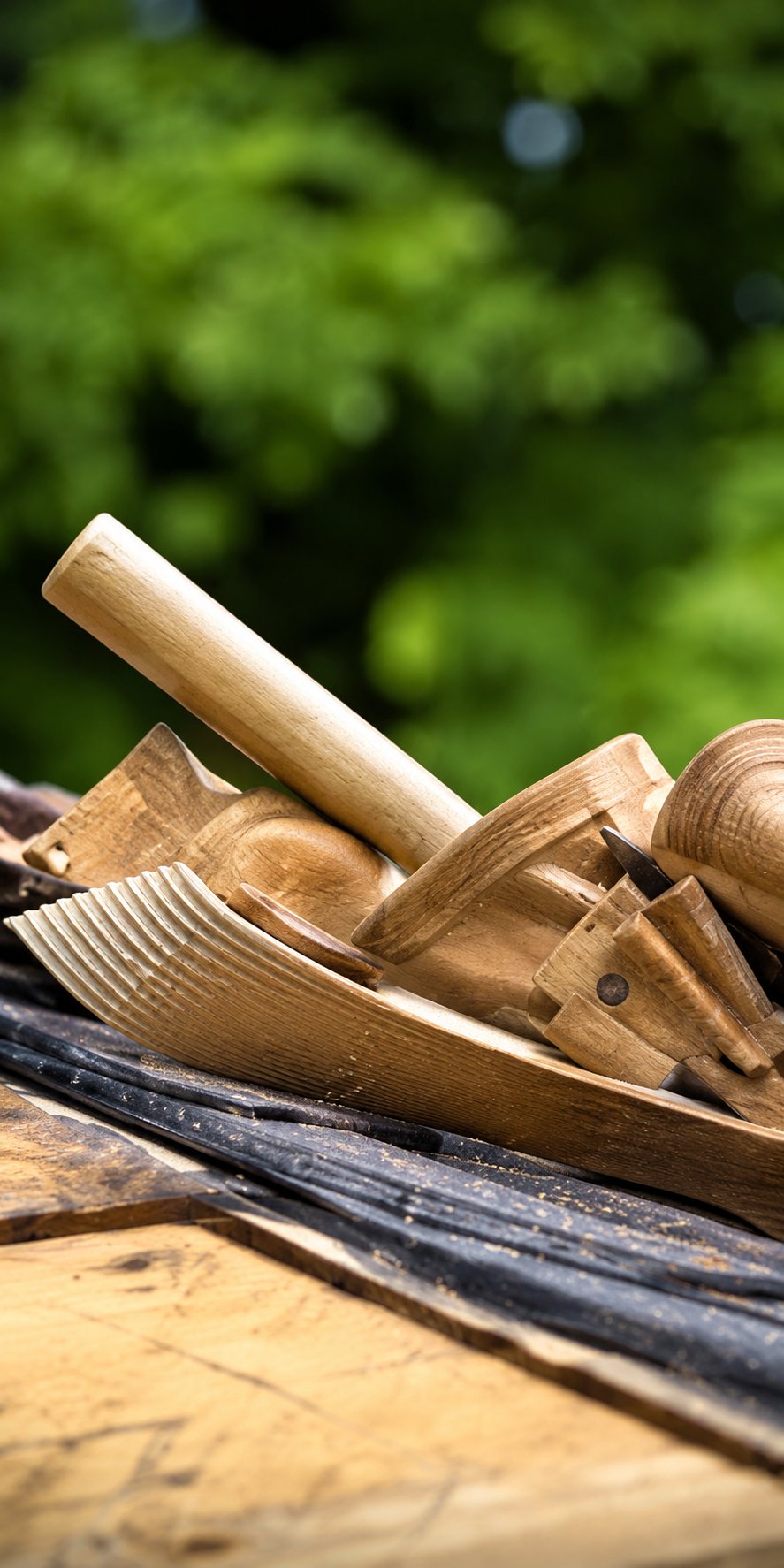 Gros plan sur un maillet et des outils en bois de menuiserie posés sur une planche, avec un feuillage vert flou à l'arrière-plan.