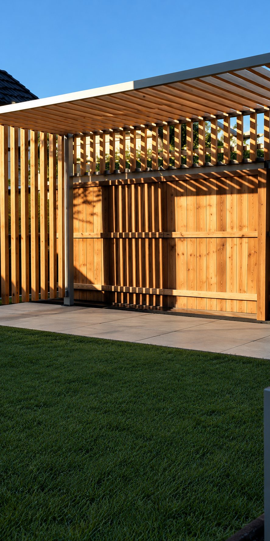 Une pergola à lames de bois et une clôture en bois entourent une terrasse donnant sur une pelouse verte, sous un ciel bleu.