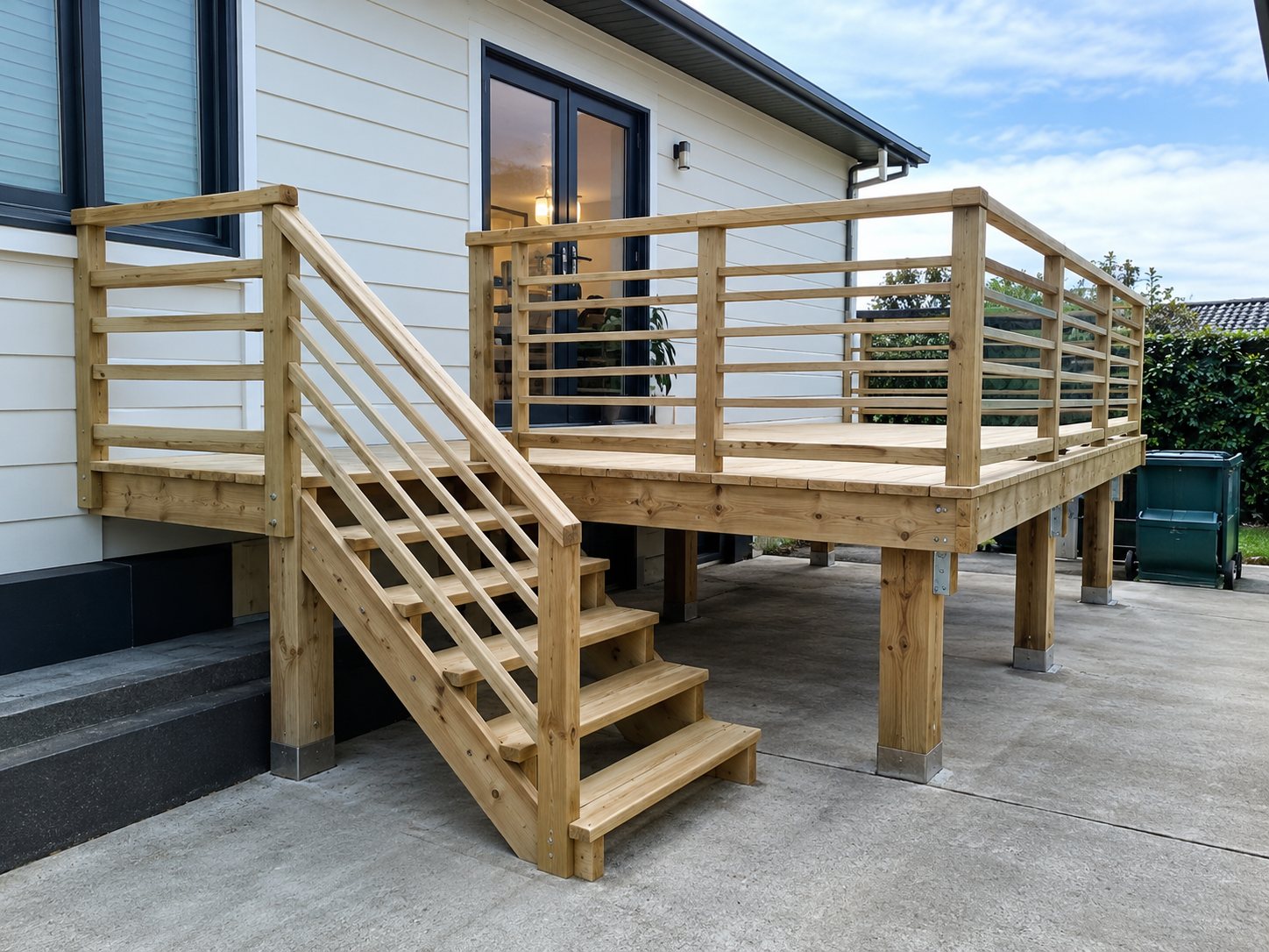 Une terrasse en bois surélevée avec escalier et garde-corps métallique est installée devant une maison, sous un ciel nuageux.