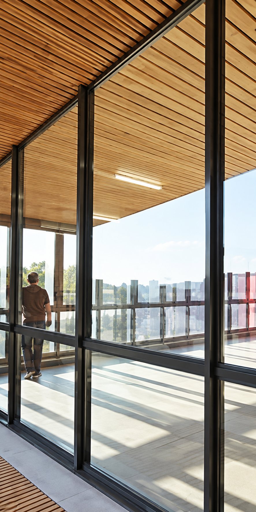 Vue intérieure d'une terrasse couverte dotée de grandes baies vitrées aux cadres sombres et d'un plafond en lattes de bois, avec une personne au fond.