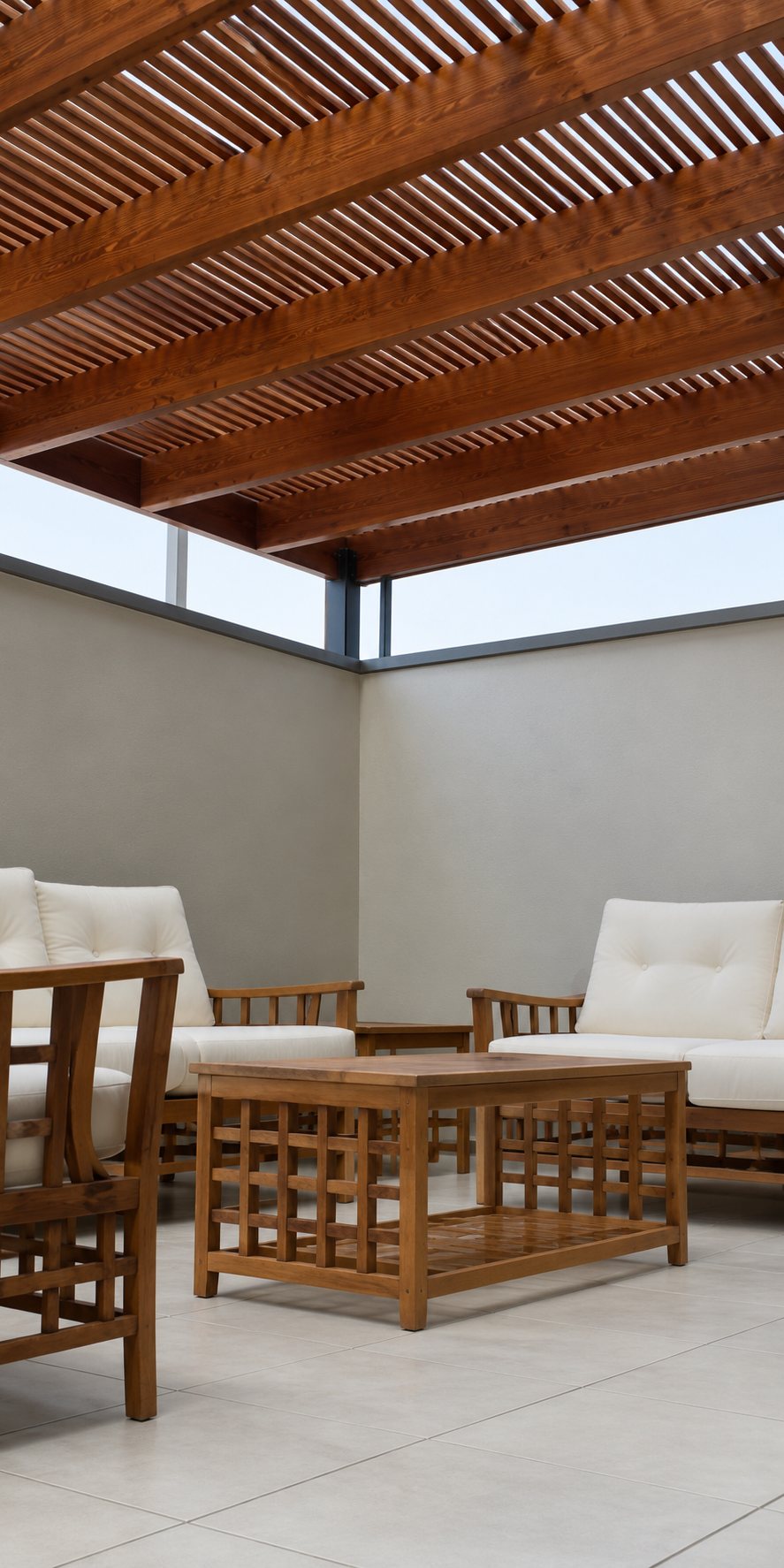 Une terrasse aux murs gris est couverte d'une pergola en lattes de bois et meublée d'un salon en bois avec coussins blancs et d'une table basse.