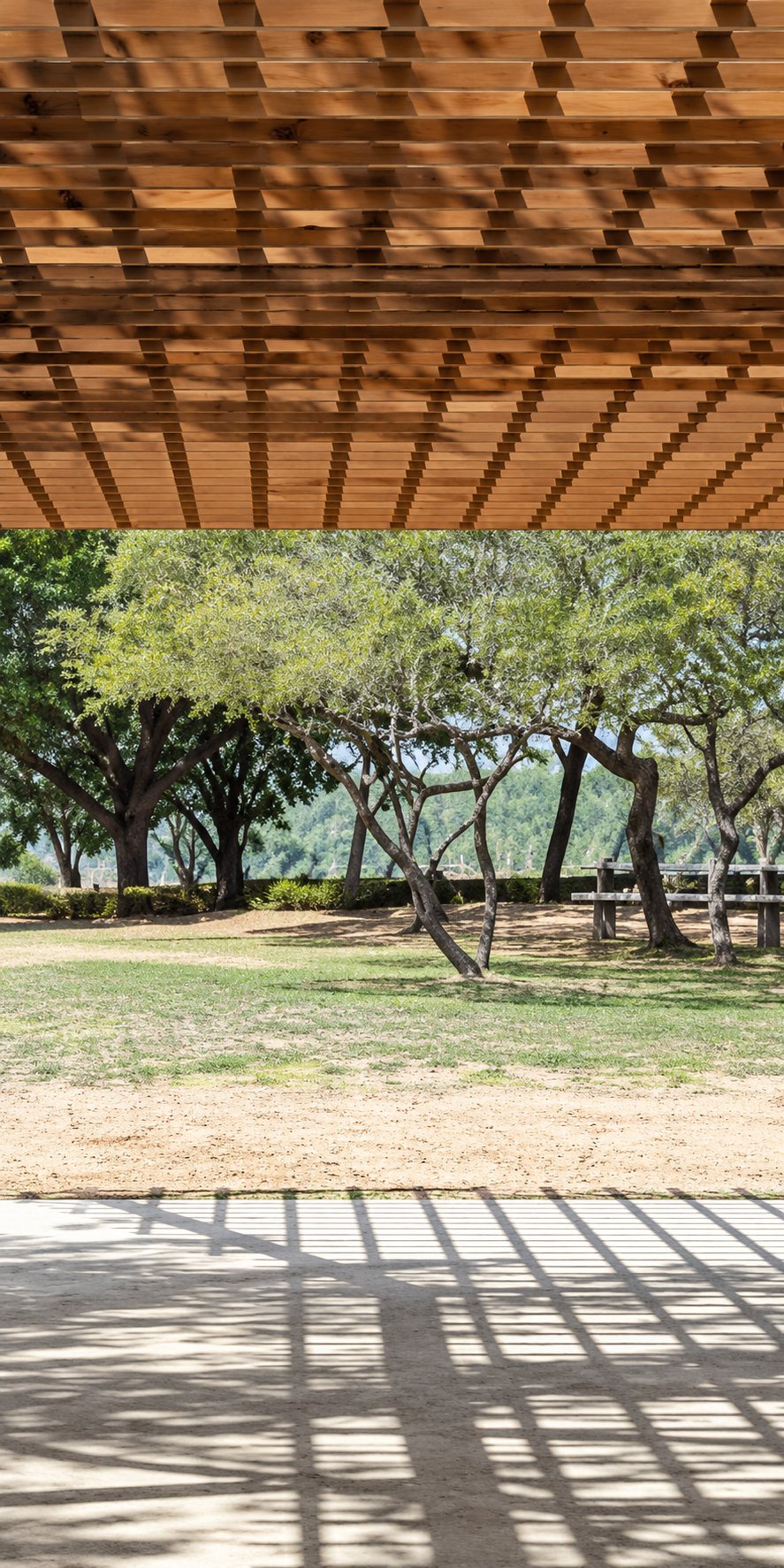 Une terrasse sous une pergola en bois projette des ombres au sol et donne sur un parc avec de grands arbres.